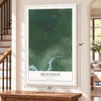Quantico, Maryland map, 24 x 36 inch print in a white frame by a staircase
