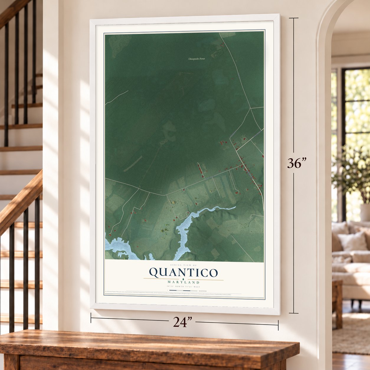 Quantico, Maryland map, 24 x 36 inch print in a white frame by a staircase