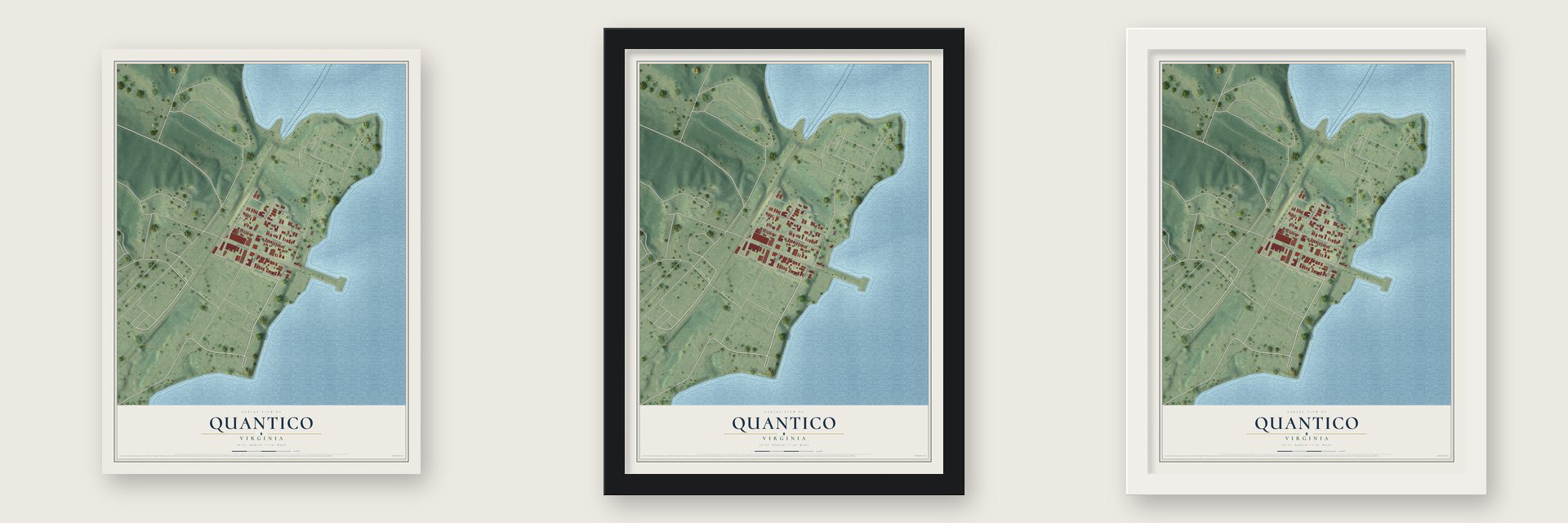 Quantico, Virginia map unframed, in a black wood frame and in a white wood frame