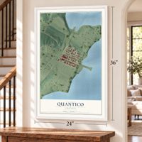 Quantico, Virginia map, 24 x 36 inch print in a white frame by a staircase
