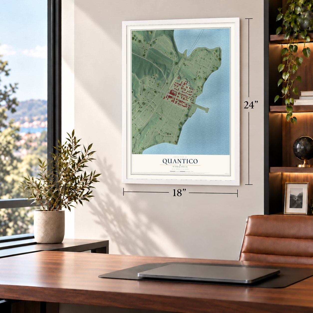 Quantico, Virginia map, 18 x 24 inch print in a white frame in a home office