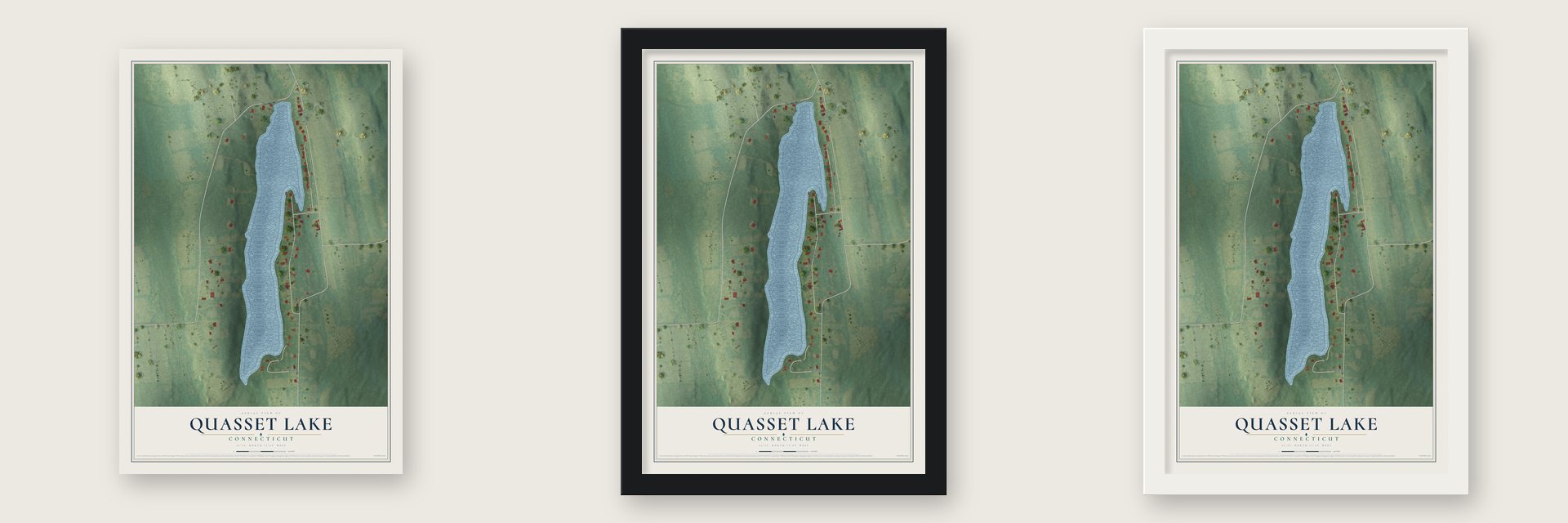 Quasset Lake, Connecticut map unframed, in a black wood frame and in a white wood frame