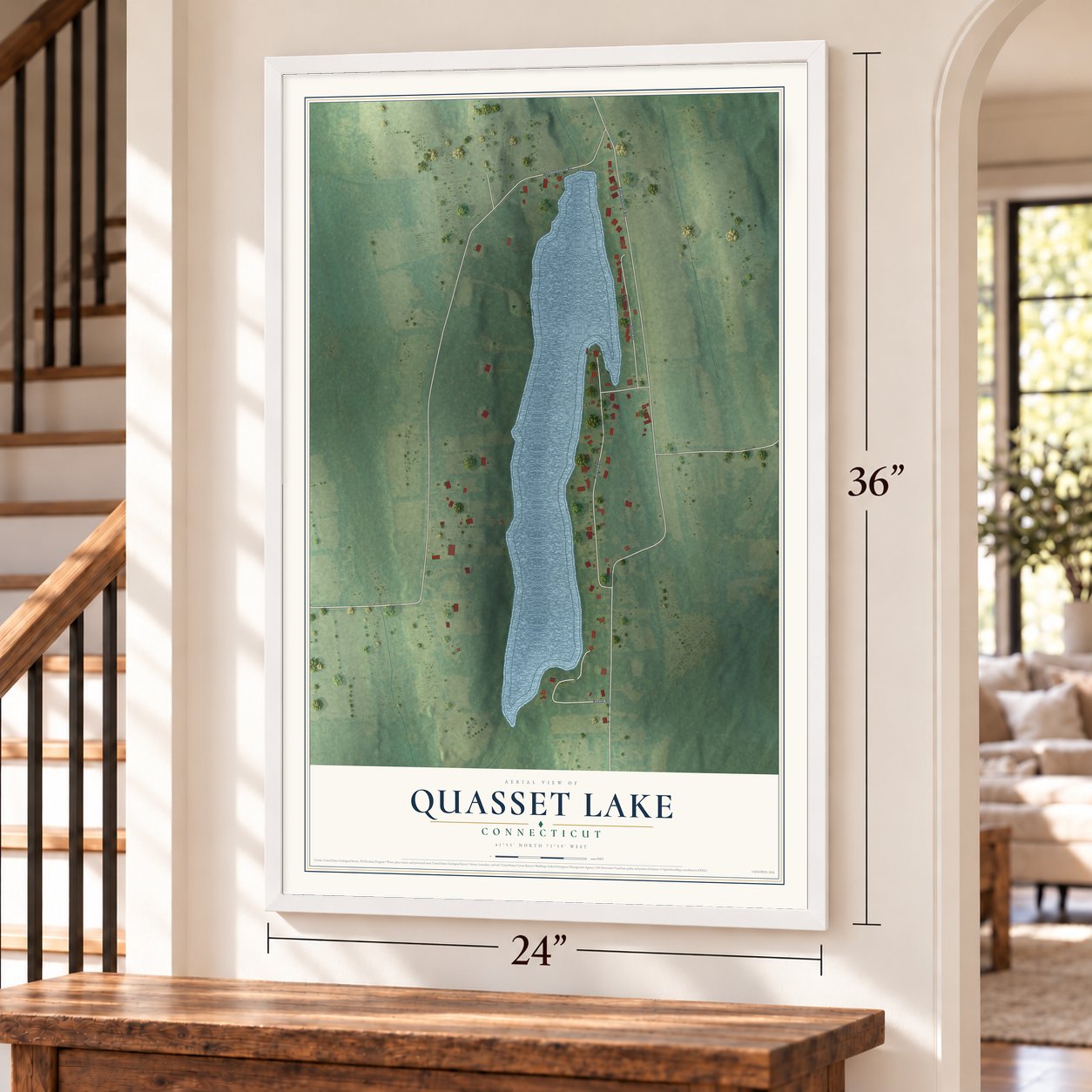 Quasset Lake, Connecticut map, 24 x 36 inch print in a white frame by a staircase