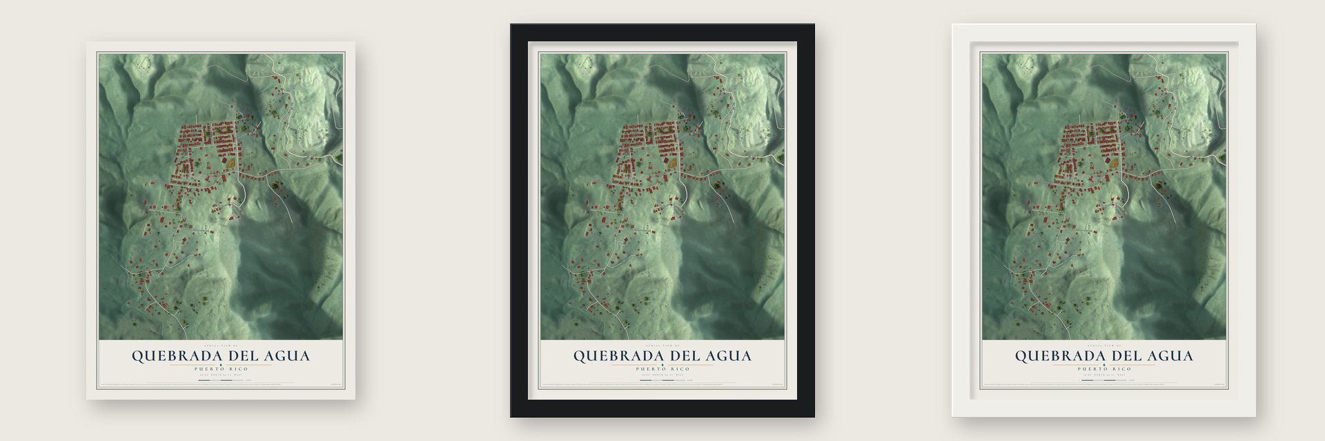 Quebrada del Agua, Puerto Rico map unframed, in a black wood frame and in a white wood frame