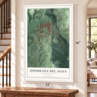 Quebrada del Agua, Puerto Rico map, 24 x 36 inch print in a white frame by a staircase