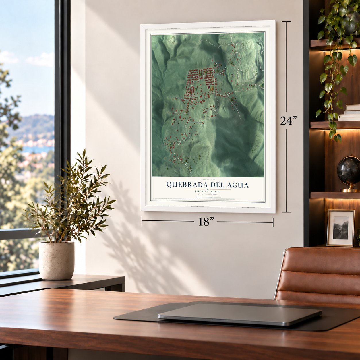 Quebrada del Agua, Puerto Rico map, 18 x 24 inch print in a white frame in a home office