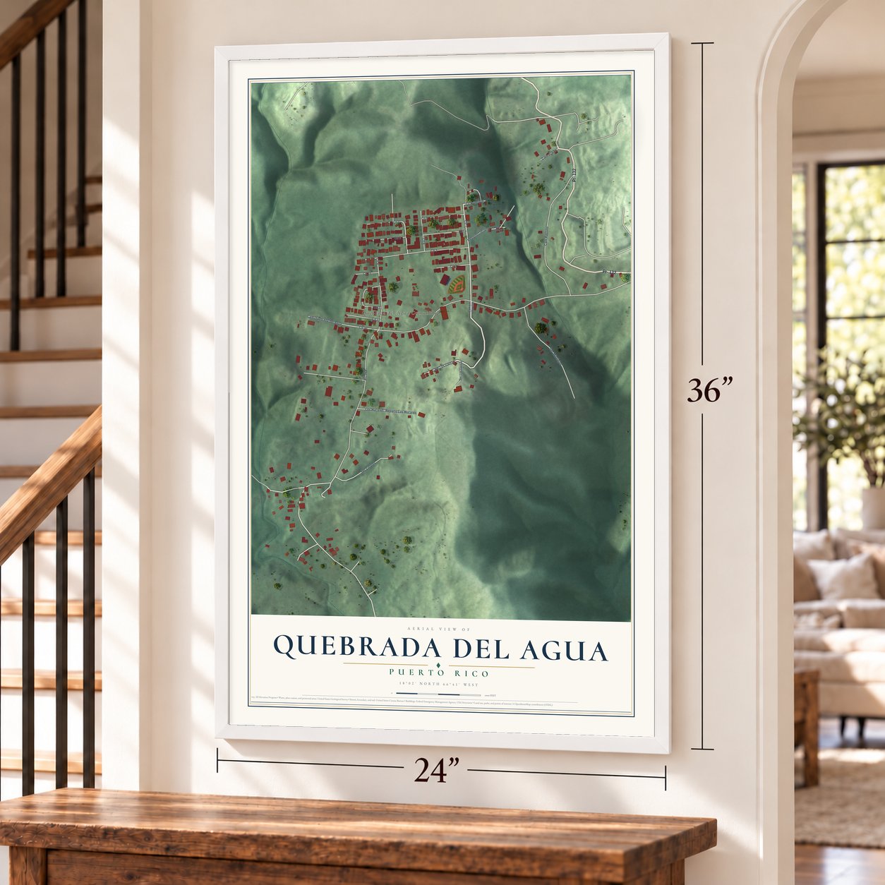 Quebrada del Agua, Puerto Rico map, 24 x 36 inch print in a white frame by a staircase