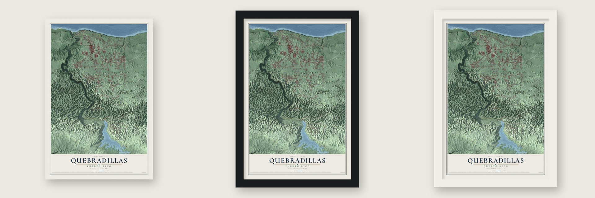 Quebradillas, Puerto Rico map unframed, in a black wood frame and in a white wood frame