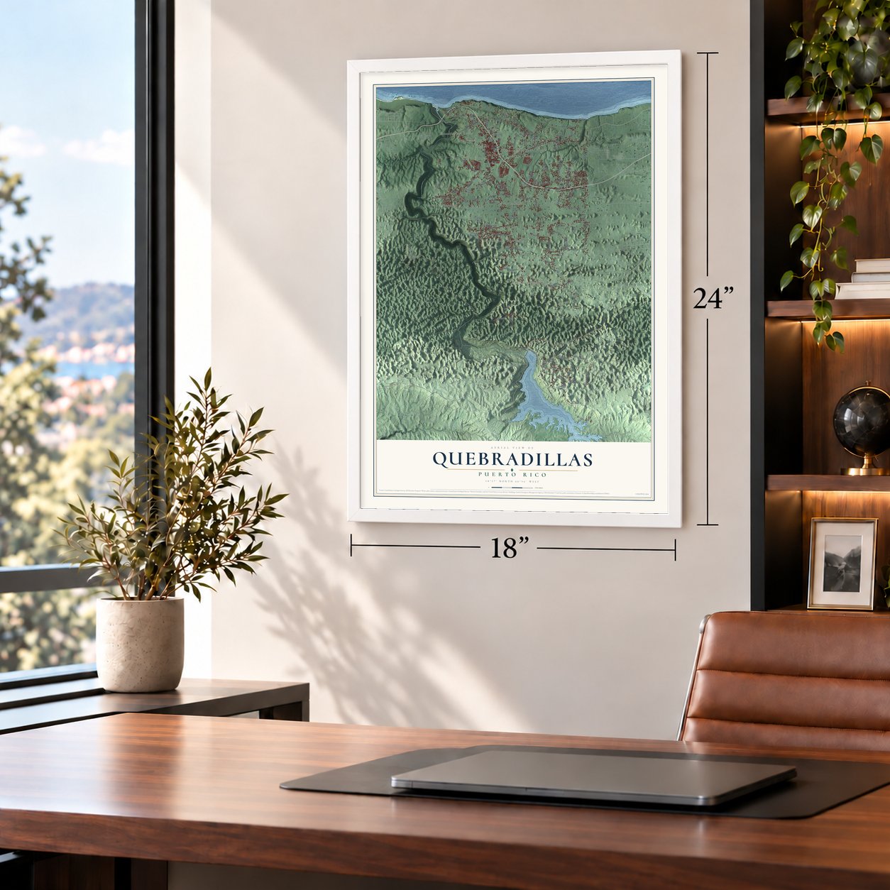Quebradillas, Puerto Rico map, 18 x 24 inch print in a white frame in a home office