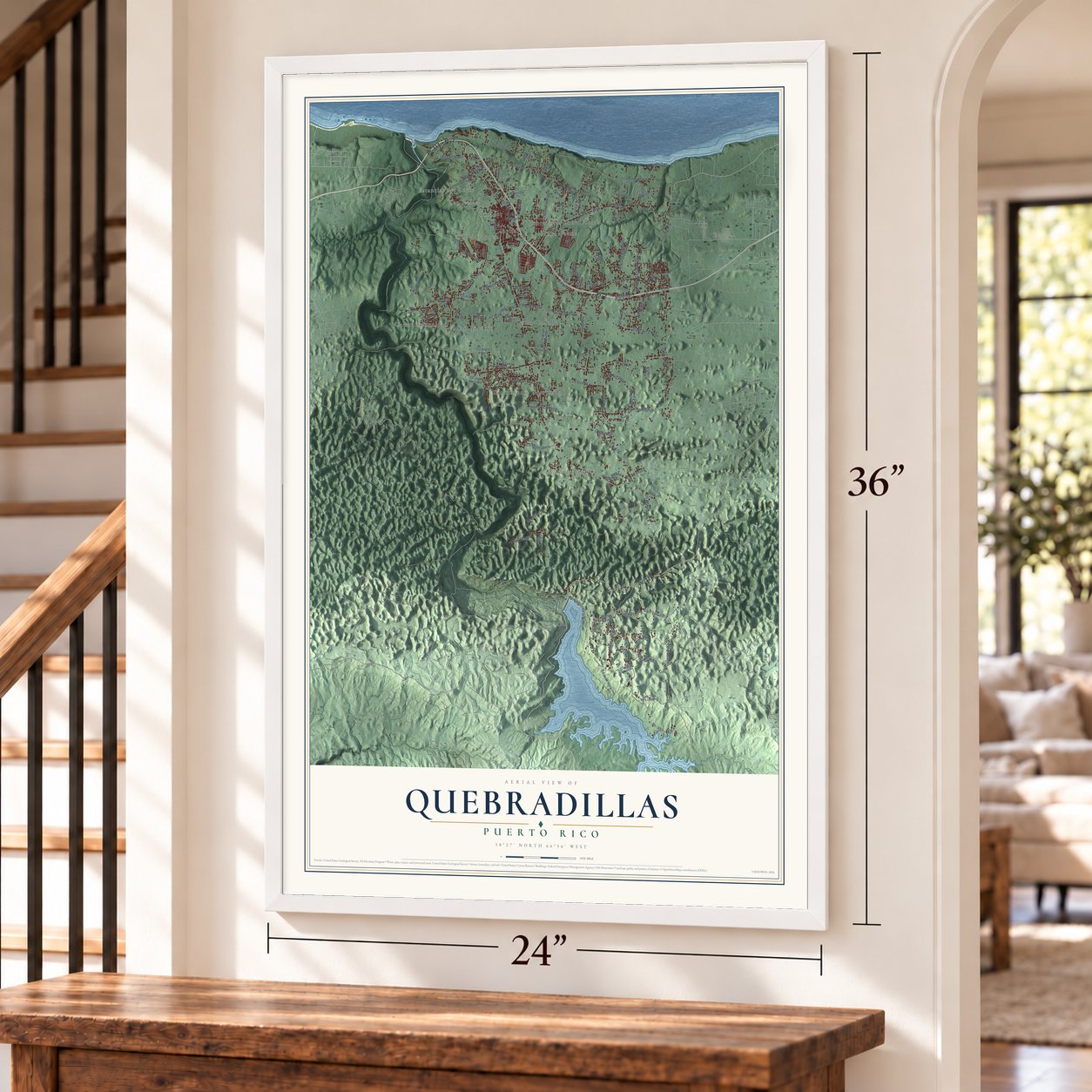 Quebradillas, Puerto Rico map, 24 x 36 inch print in a white frame by a staircase
