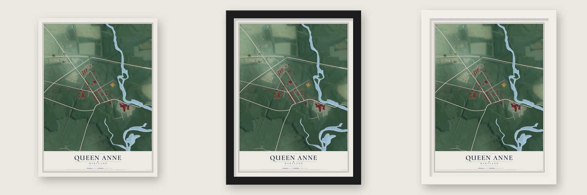 Queen Anne, Maryland map unframed, in a black wood frame and in a white wood frame