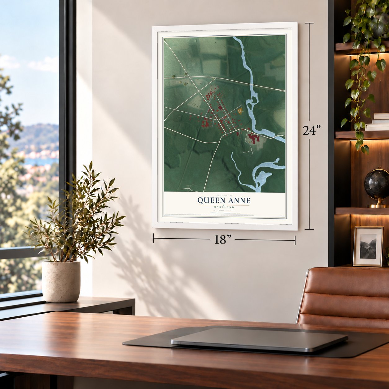 Queen Anne, Maryland map, 18 x 24 inch print in a white frame in a home office