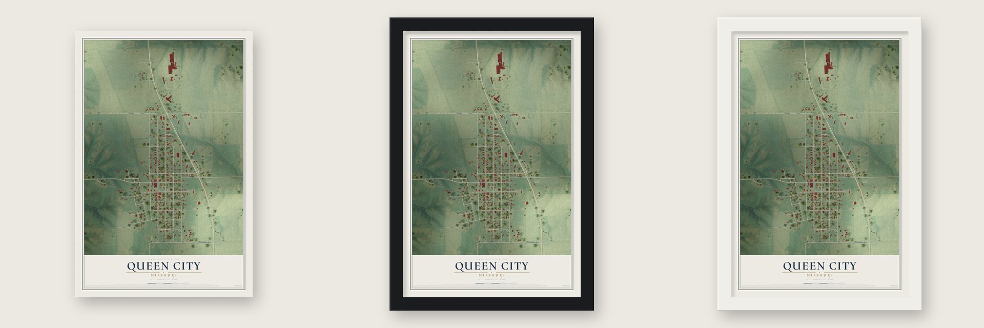 Queen City, Missouri map unframed, in a black wood frame and in a white wood frame