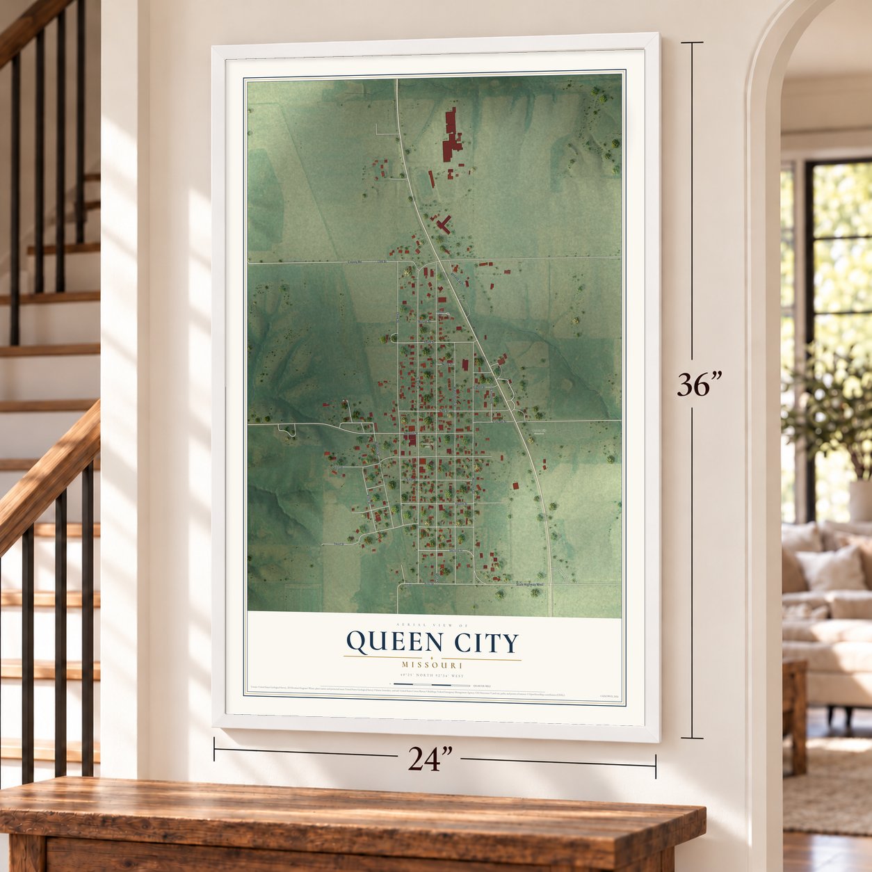 Queen City, Missouri map, 24 x 36 inch print in a white frame by a staircase