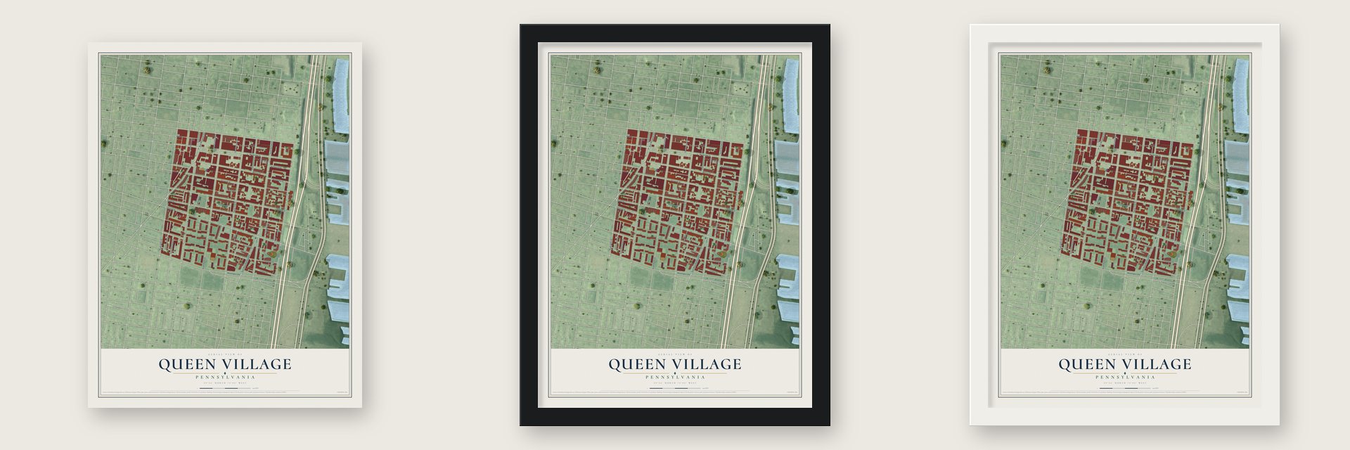 Queen Village, Pennsylvania map unframed, in a black wood frame and in a white wood frame