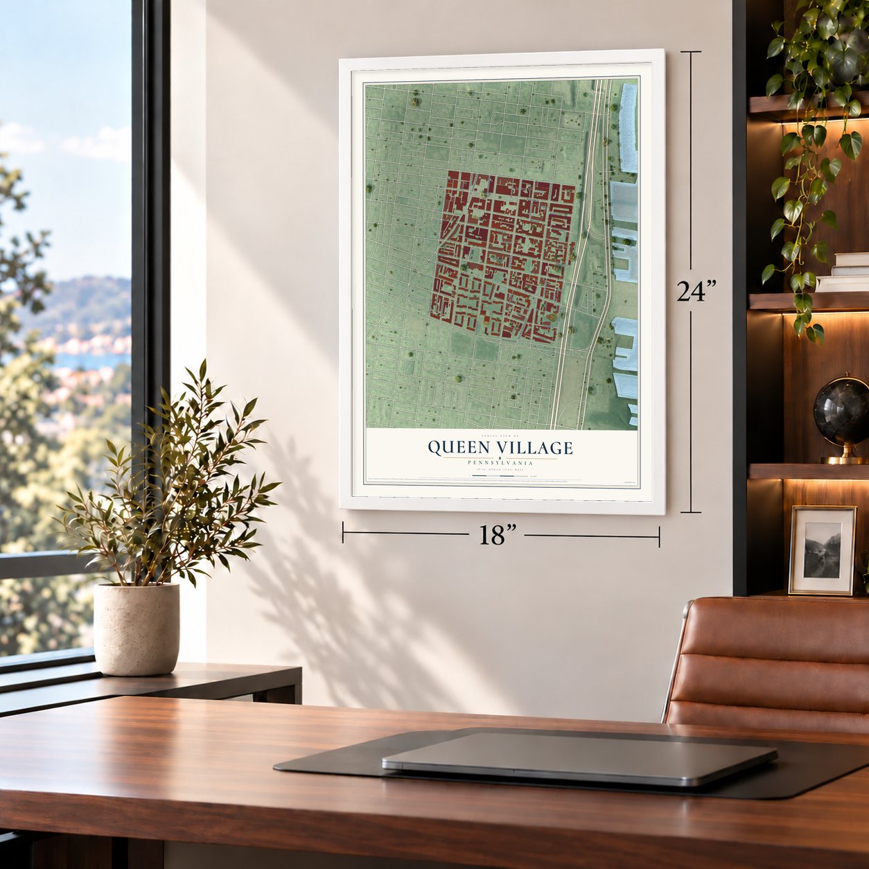 Queen Village, Pennsylvania map, 18 x 24 inch print in a white frame in a home office