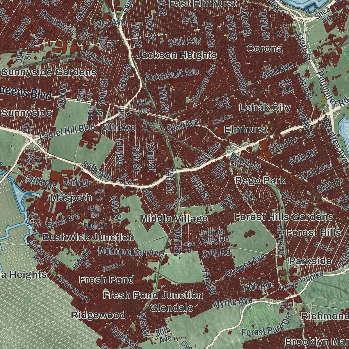 Second close-up of the map of Queens, New York print showing more streets and buildings