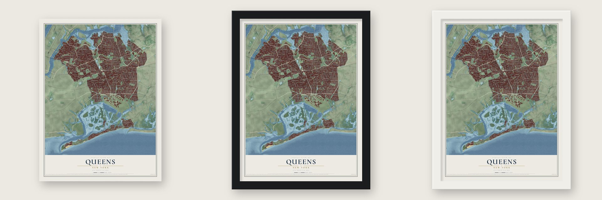 Queens, New York map unframed, in a black wood frame and in a white wood frame
