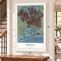 Queens, New York map, 24 x 36 inch print in a white frame by a staircase