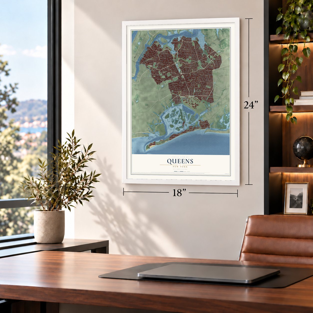 Queens, New York map, 18 x 24 inch print in a white frame in a home office