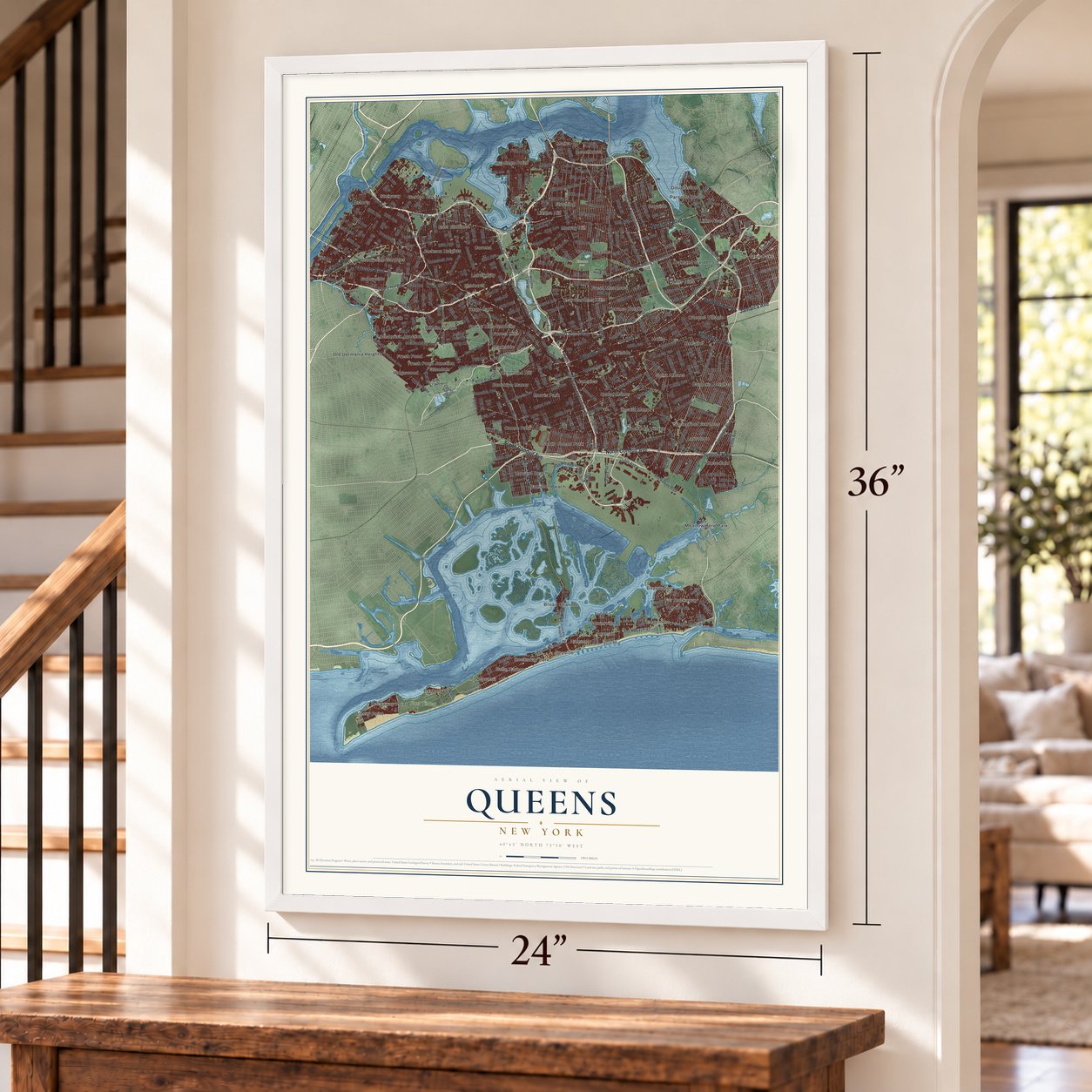 Queens, New York map, 24 x 36 inch print in a white frame by a staircase
