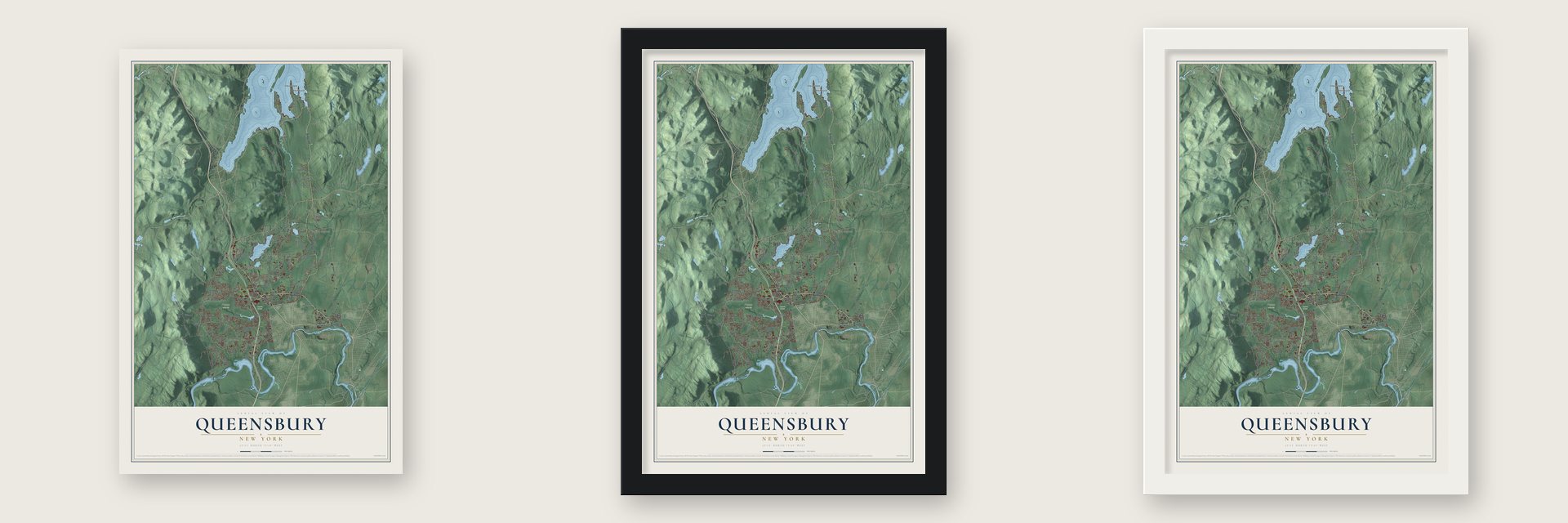 Queensbury, New York map unframed, in a black wood frame and in a white wood frame