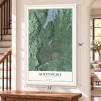 Queensbury, New York map, 24 x 36 inch print in a white frame by a staircase