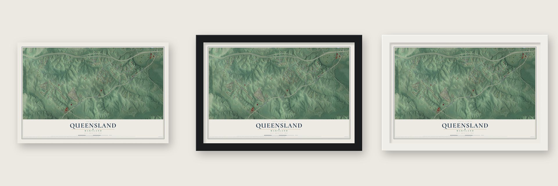 Queensland, Maryland map unframed, in a black wood frame and in a white wood frame