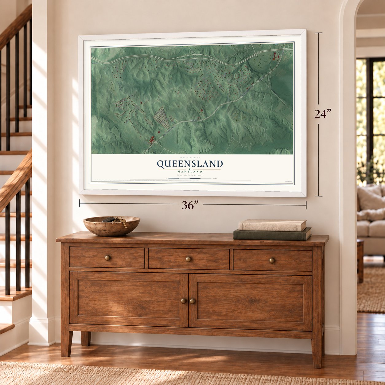 Queensland, Maryland map, 24 x 36 inch print in a white frame above a dresser by a staircase
