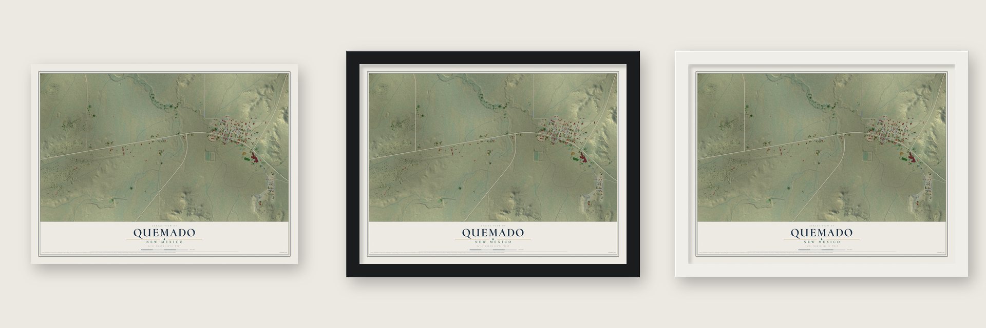 Quemado, New Mexico map unframed, in a black wood frame and in a white wood frame