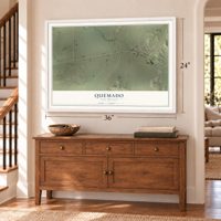 Quemado, New Mexico map, 24 x 36 inch print in a white frame above a dresser by a staircase