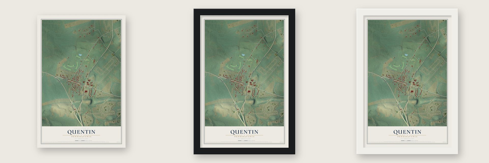 Quentin, Pennsylvania map unframed, in a black wood frame and in a white wood frame