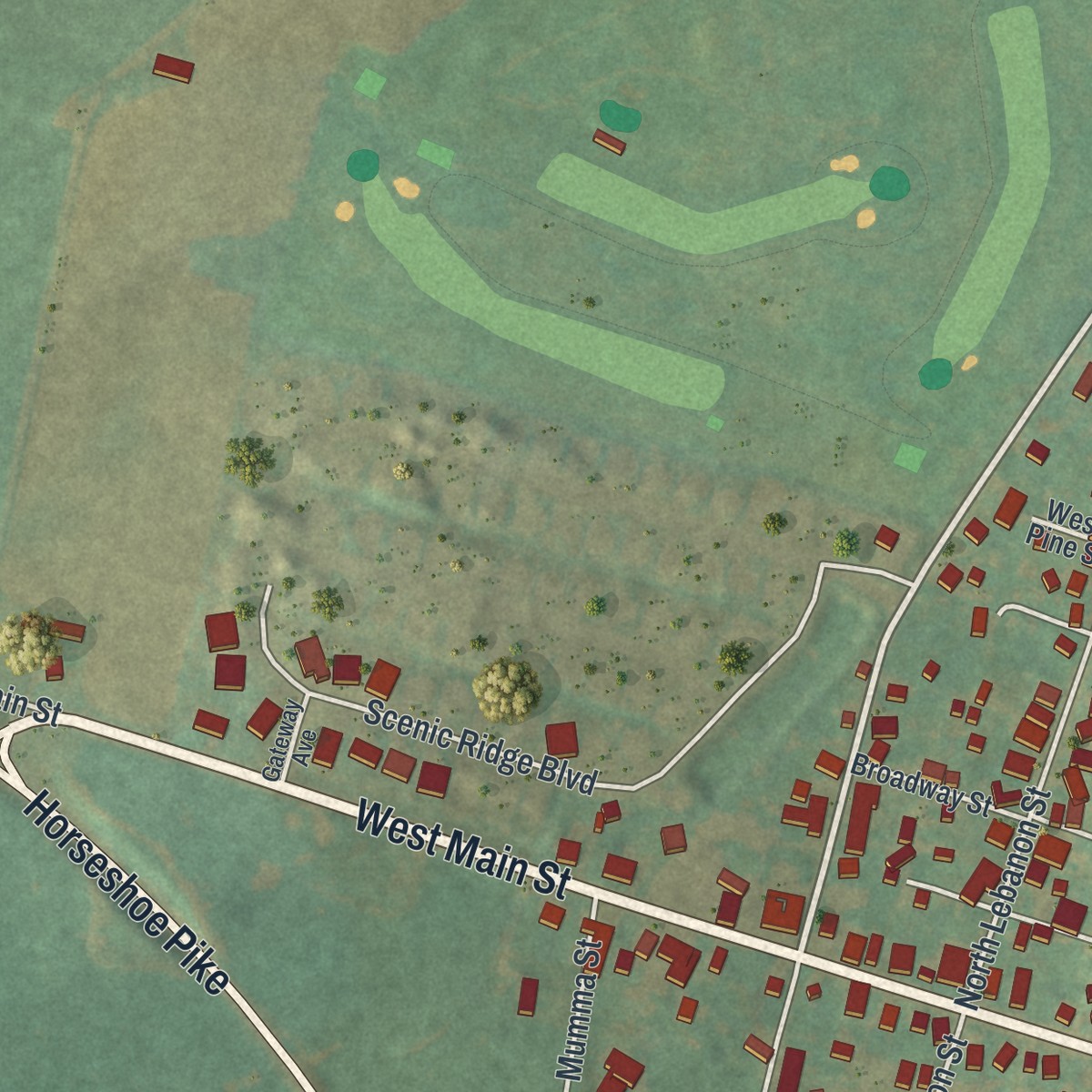 Second close-up of the map of Quentin, Pennsylvania print showing more streets and buildings