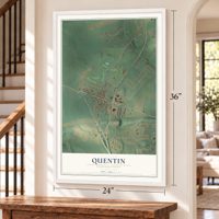 Quentin, Pennsylvania map, 24 x 36 inch print in a white frame by a staircase