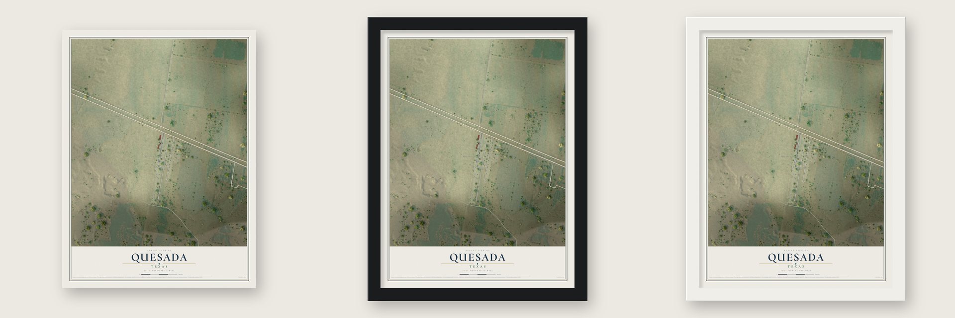 Quesada, Texas map unframed, in a black wood frame and in a white wood frame
