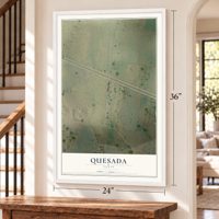 Quesada, Texas map, 24 x 36 inch print in a white frame by a staircase