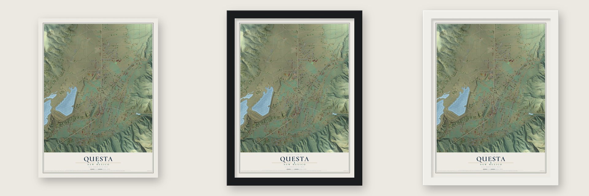 Questa, New Mexico map unframed, in a black wood frame and in a white wood frame