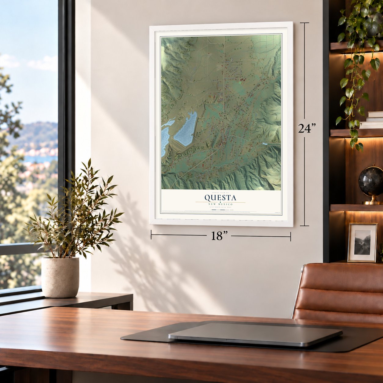 Questa, New Mexico map, 18 x 24 inch print in a white frame in a home office