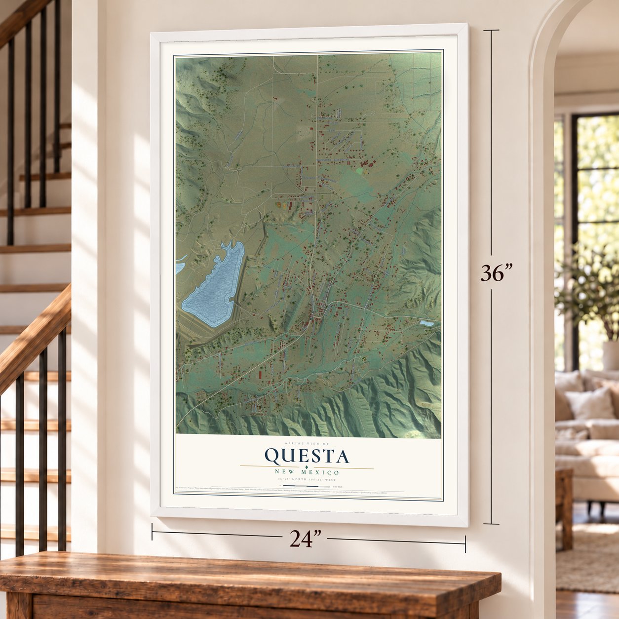 Questa, New Mexico map, 24 x 36 inch print in a white frame by a staircase