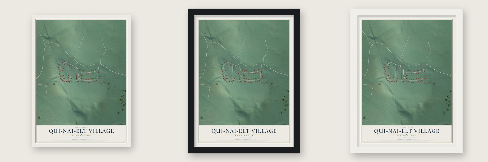 Qui-nai-elt Village, Washington map unframed, in a black wood frame and in a white wood frame