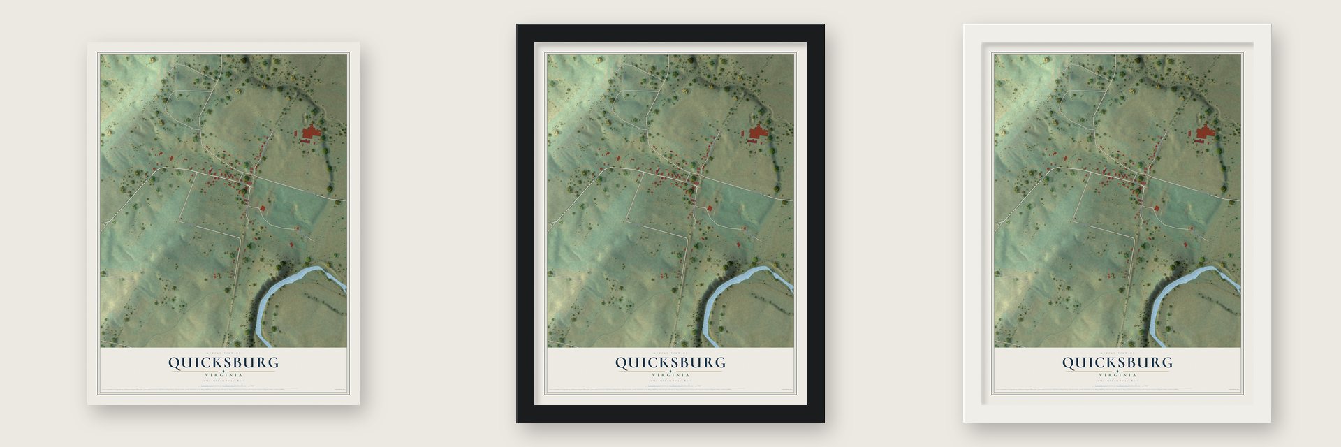 Quicksburg, Virginia map unframed, in a black wood frame and in a white wood frame
