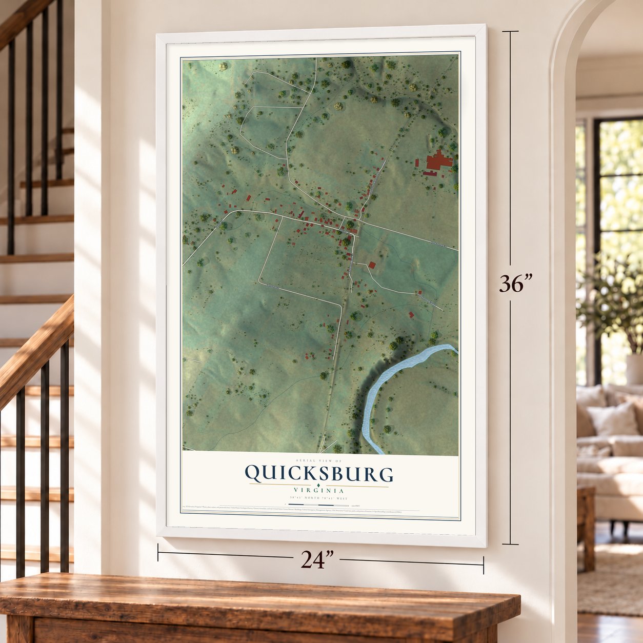 Quicksburg, Virginia map, 24 x 36 inch print in a white frame by a staircase