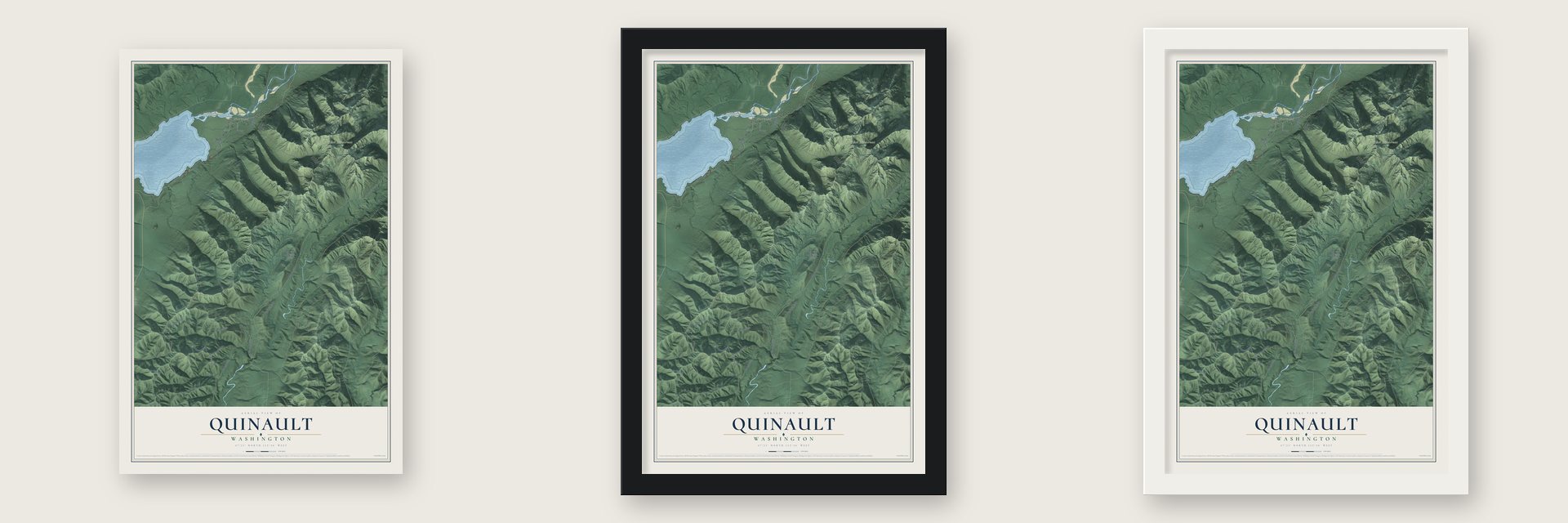 Quinault, Washington map unframed, in a black wood frame and in a white wood frame