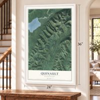 Quinault, Washington map, 24 x 36 inch print in a white frame by a staircase