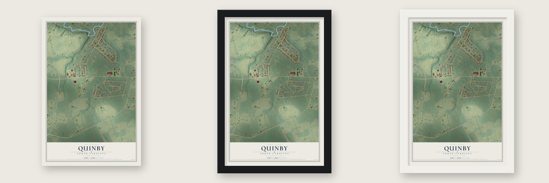 Quinby, South Carolina map unframed, in a black wood frame and in a white wood frame