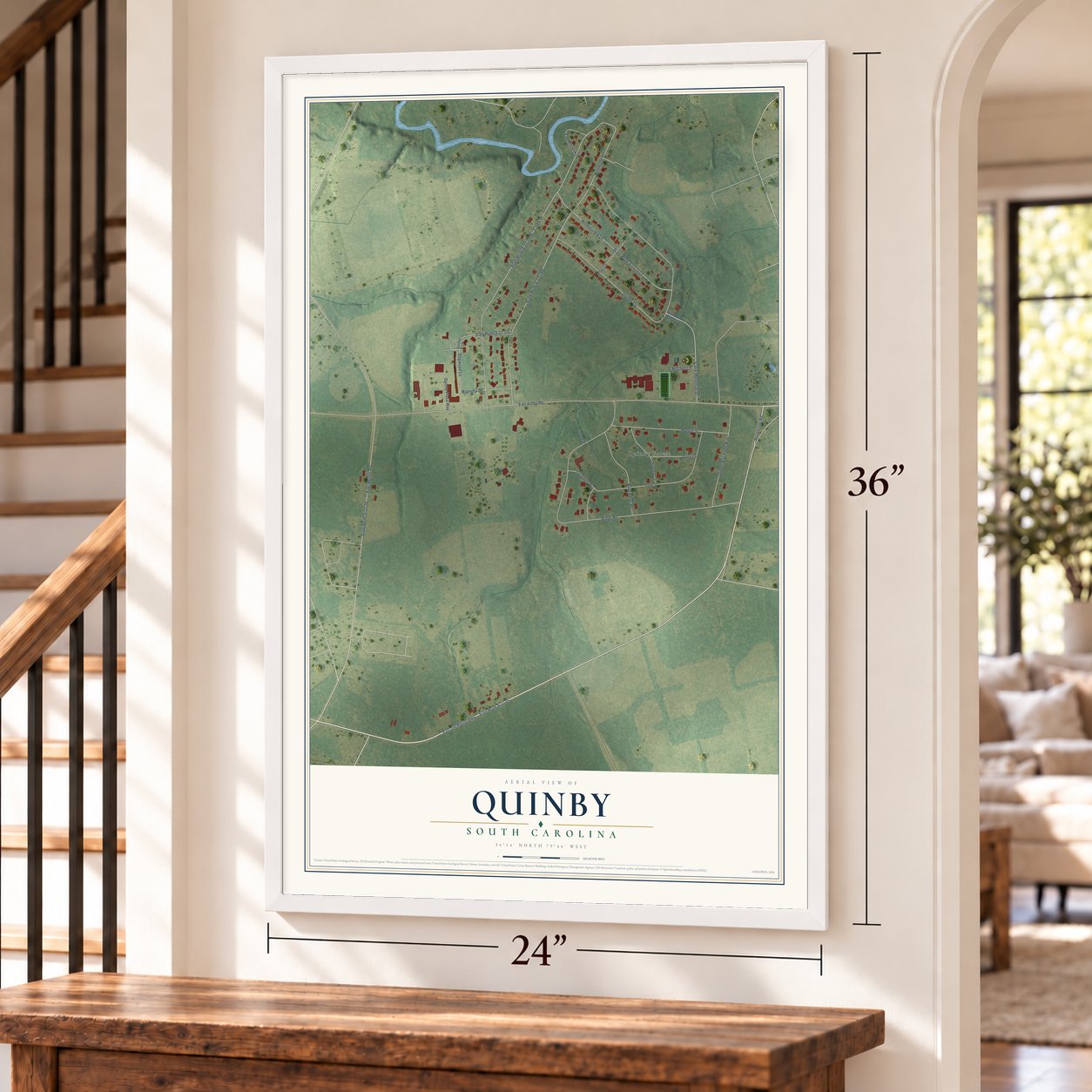 Quinby, South Carolina map, 24 x 36 inch print in a white frame by a staircase