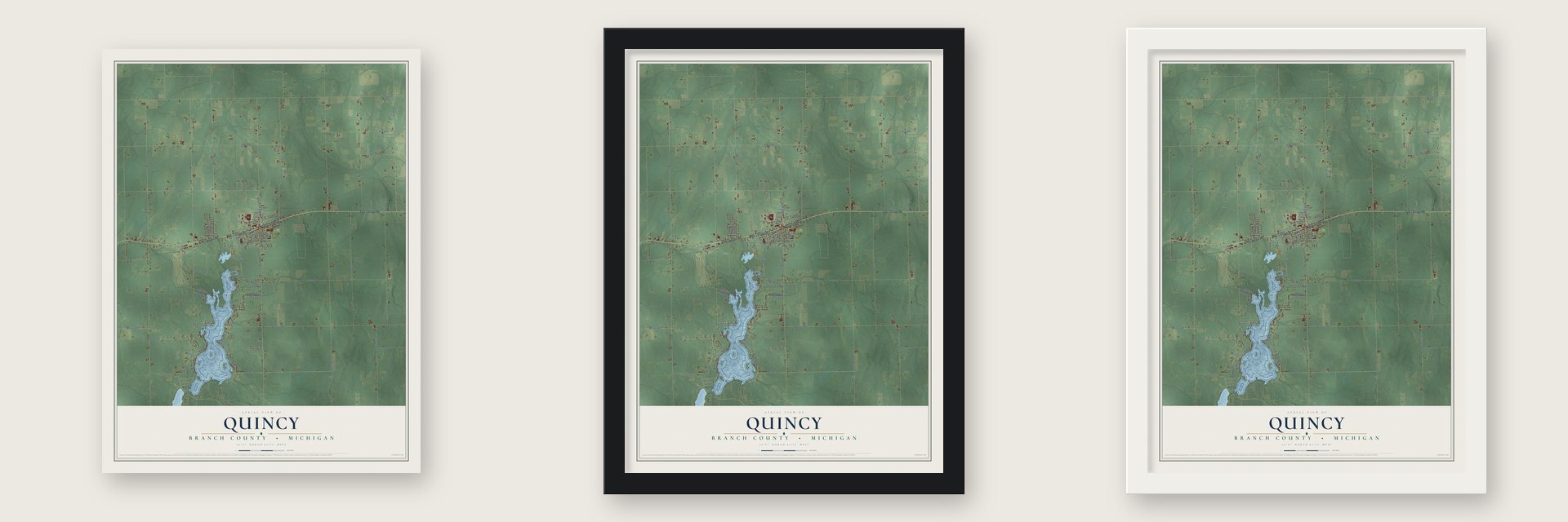 Quincy, Branch County, Michigan map unframed, in a black wood frame and in a white wood frame