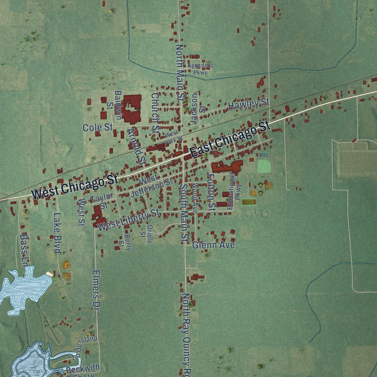 Second close-up of the map of Quincy, Branch County, Michigan print showing more streets and buildings