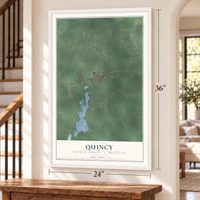 Quincy, Branch County, Michigan map, 24 x 36 inch print in a white frame by a staircase
