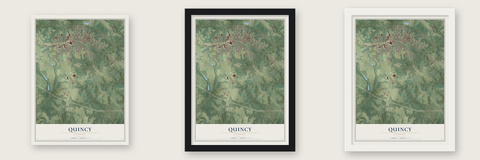 Quincy, Florida map unframed, in a black wood frame and in a white wood frame
